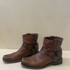 Frye Veronica Harness Short Brown Leather Boots with Signature Harness